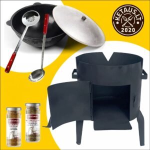 Komplekts: uzbeku Kazan 12L (Namangan), KRĀSNS KAZANAM 3mm, kausiņš, cedrs, uzbeku garšvielas plovam